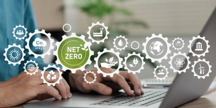 Businessman using computers for net zero greenhouse gas emissions target Weather neutral long term strategy. Net Zero and Carbon Neutral concept. net zero icon with decarbonization icon. on smart background