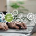 Businessman using computers for net zero greenhouse gas emissions target Weather neutral long term strategy. Net Zero and Carbon Neutral concept. net zero icon with decarbonization icon. on smart background