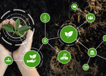 Little kid grow plant with eco icon symbolize natural preservation for future sustainable generation by growing plant to reduce carbon emission and using ESG green technology. Reliance