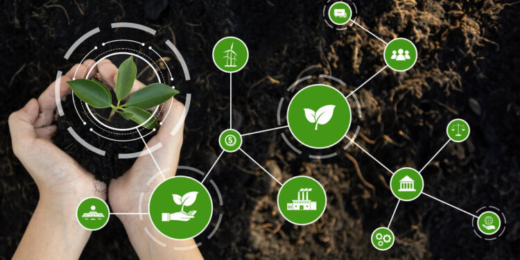 Little kid grow plant with eco icon symbolize natural preservation for future sustainable generation by growing plant to reduce carbon emission and using ESG green technology. Reliance