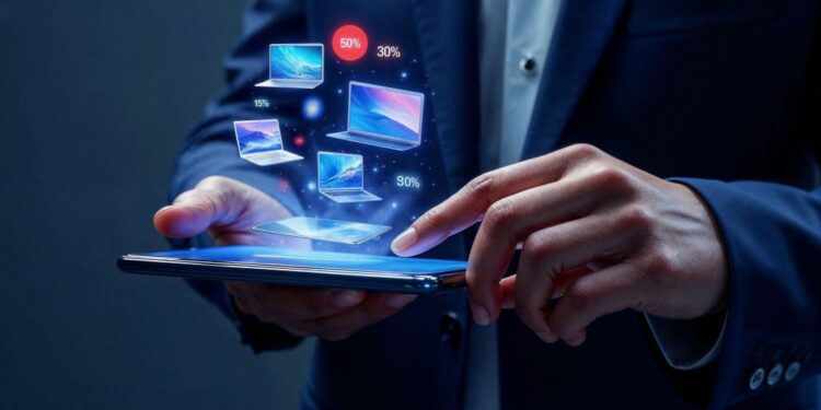 Businessperson using a tablet with floating holographic laptops and percentage icons indicating data/connection. l